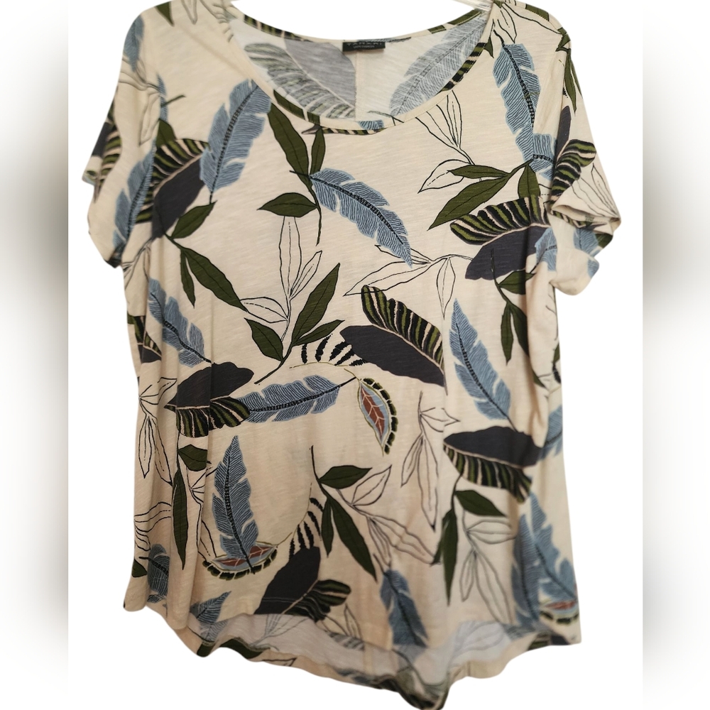 Tahari 100% Cotton Cream Tropical Print Pullover Short Sleeve Top SZ L - XL